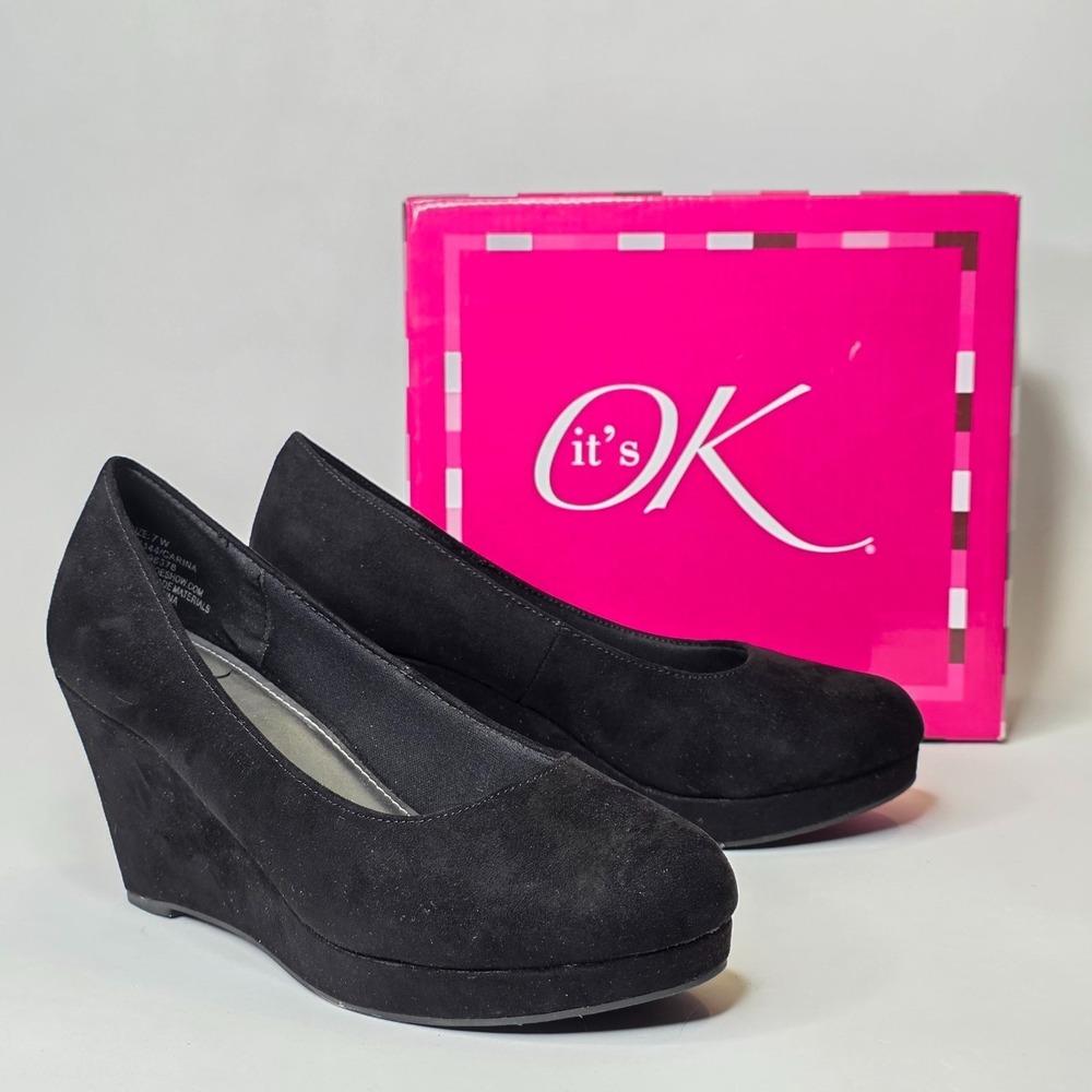 It's Ok Carina Shoes Women's Wedge Loafers Size 7 W Wide Slip On Black Textile